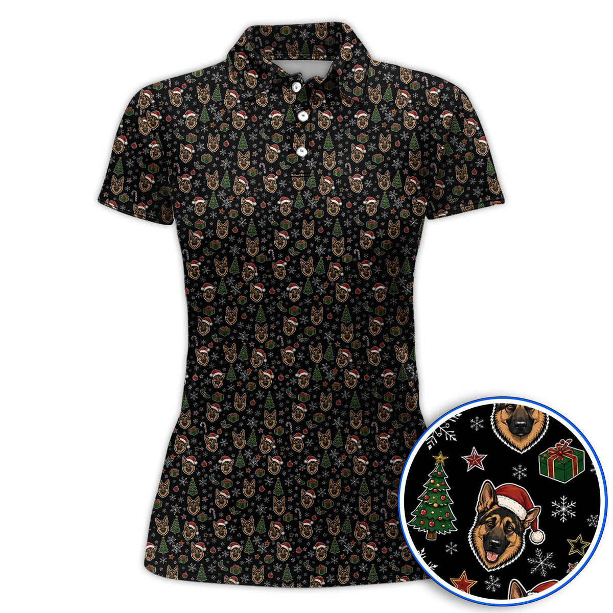 Funny German Shepherd Christmas Golf Shirt, German Shepherd Pattern Golf Polos, Xmas Golf Gift For Golfer