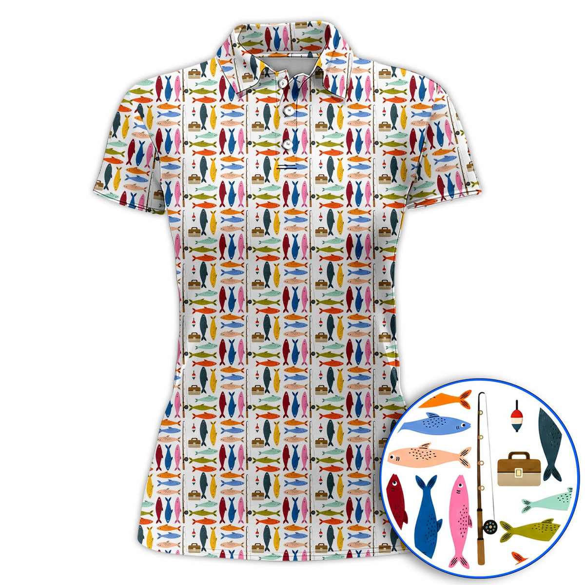 Colorful Fish Pattern Golf Polos, Fishing Rod Pattern Golf Polos, Crazy Golf Gift For Anglers and Fishermen
