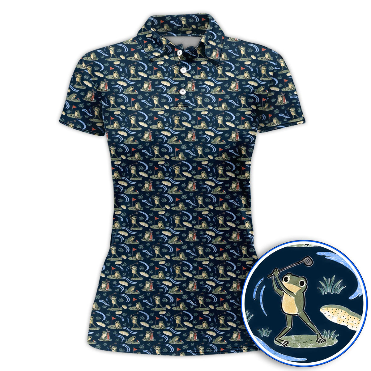 Playful Frog Golf Shirt, Vintage Frog Golf Pattern Polos, Golf Gift For Golf Lovers