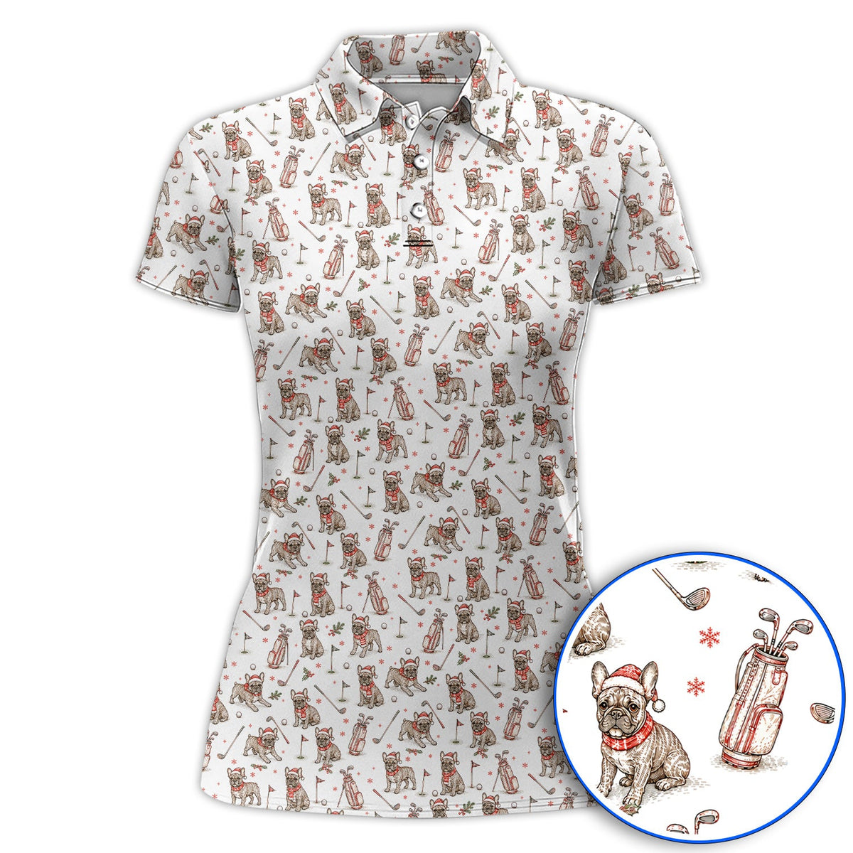 French Bulldog Christmas Golf Polos, Vintage Holiday Dog Pattern Golf Shirt, Xmas Golf Gift for Golfers