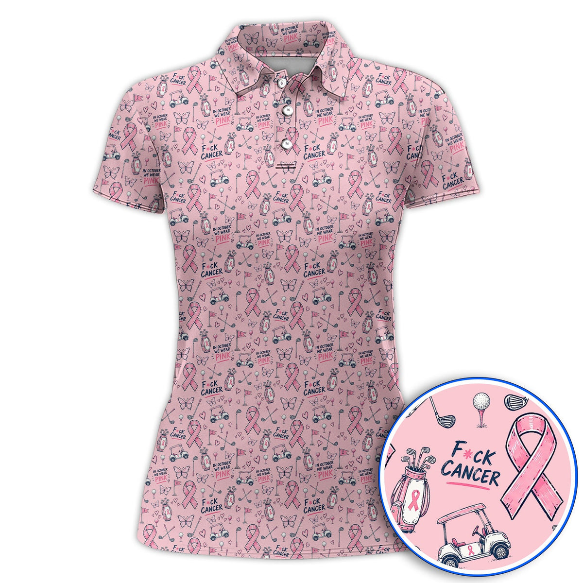 Fight Cancer Golf Shirt, Pink Ribbon Golf Cart Pattern Polos, Breast Cancer Awareness Gift for Golfers