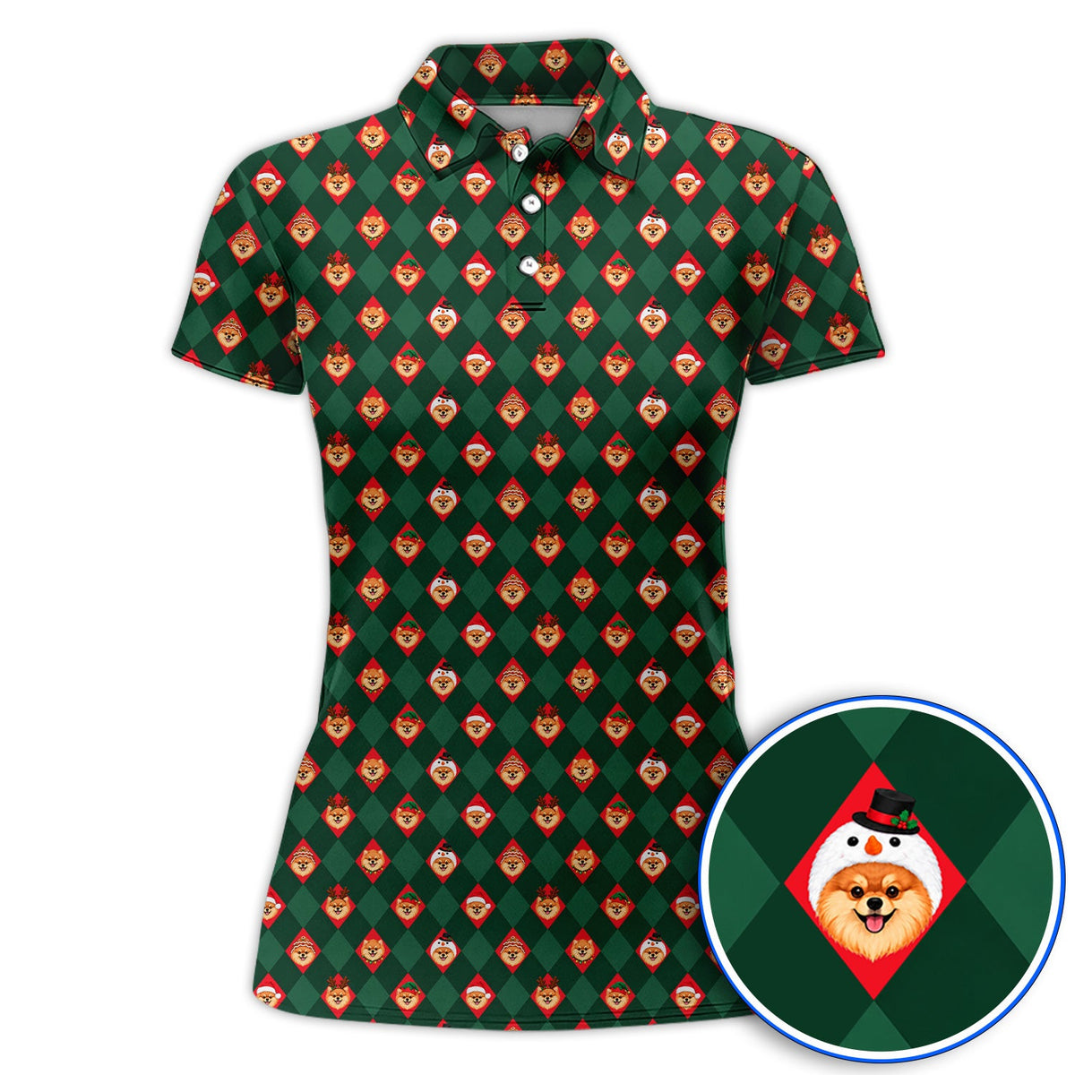 Christmas Pomeranian Golf Polos, Green Argyle & Santa Dog Pattern Golf Shirt, Xmas Golf Gift For Golfer
