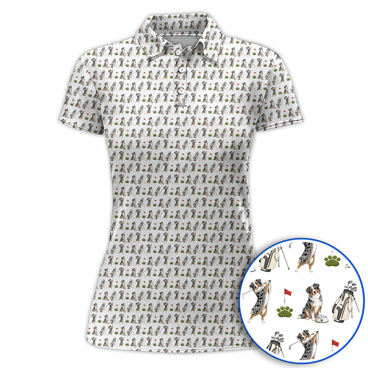 Australian Shepherd Pattern Golf Polos, Aussie Dog Golf Shirt, Crazy Golf Gift For Golfer