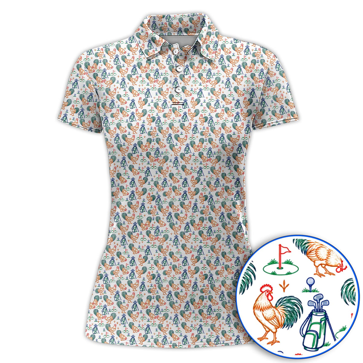 Colorful Rooster Golf Polos, Rooster Pattern Golf Shirt For Chicken Lovers, Funny Golf Gift for Golfers