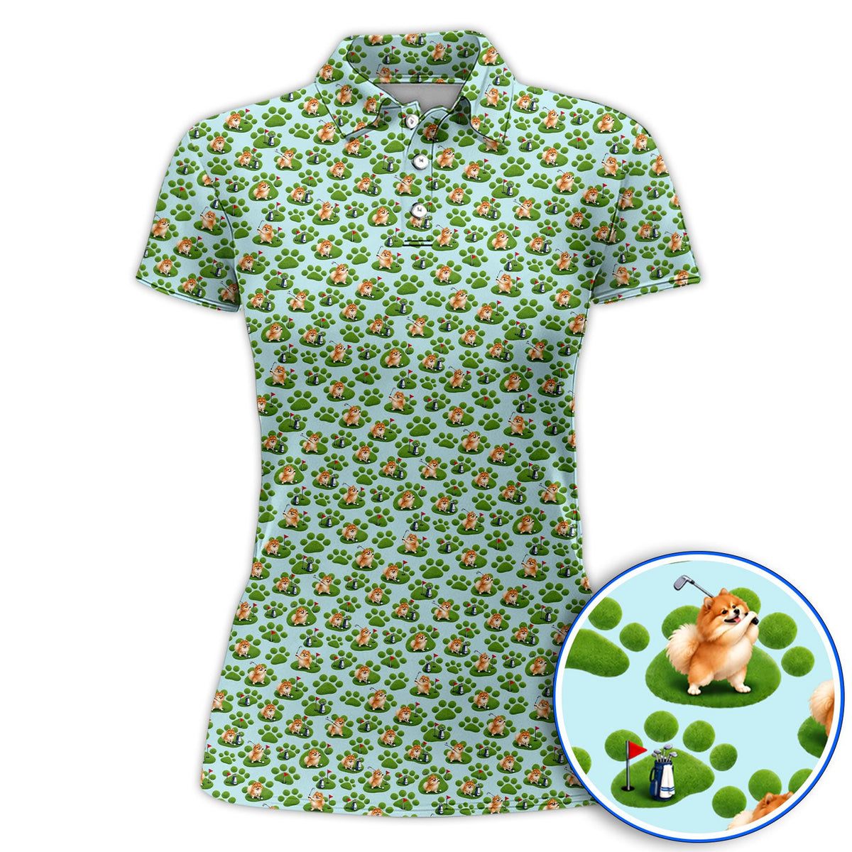 Pomeranian Paw Pattern Golf Polos, Cute Fluffy Pom Dog Pattern Golf Shirt, Crazy Golf Gift For Golfers