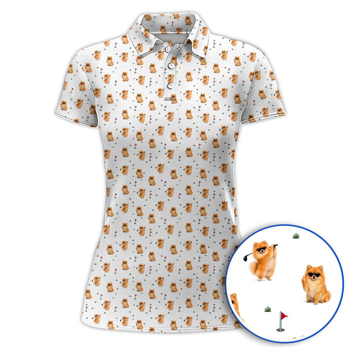 Golden Pomeranian Pattern Golf Polos, Cute Pomeranian Dog Golf Shirt, Golf Gift For Golfer