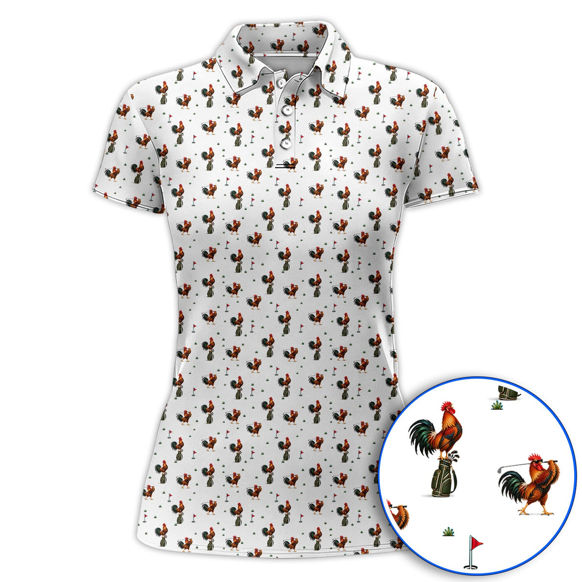 Rooster Golf Swing Shirt, Rooster Pattern Golf Polos For Chicken Lovers, Crazy Golf Gift For Golfers