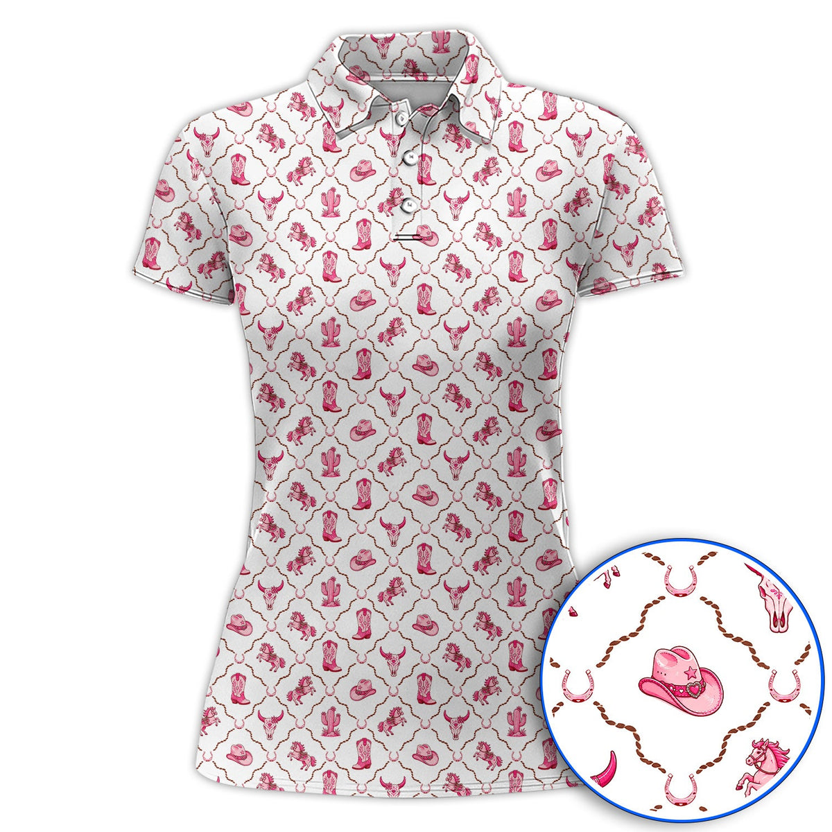 Pink Cowgirl Golf Shirt, Western Rodeo Pattern Golf Polos, Funny Golf Gift For Golfers