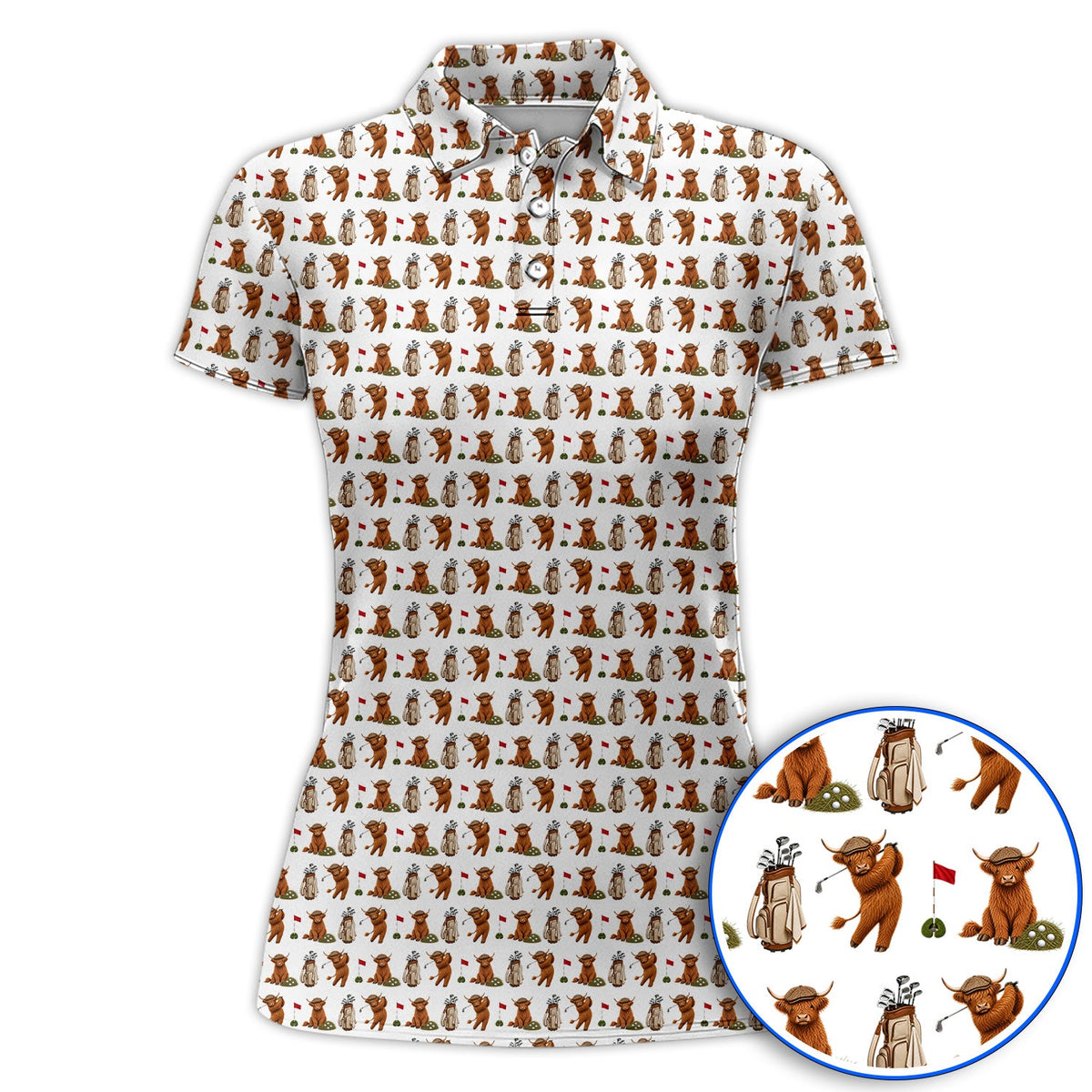 Funny Highland Cow Golf Polos, Highland Cow Pattern Golf Shirt, Golf Gift For Golfer