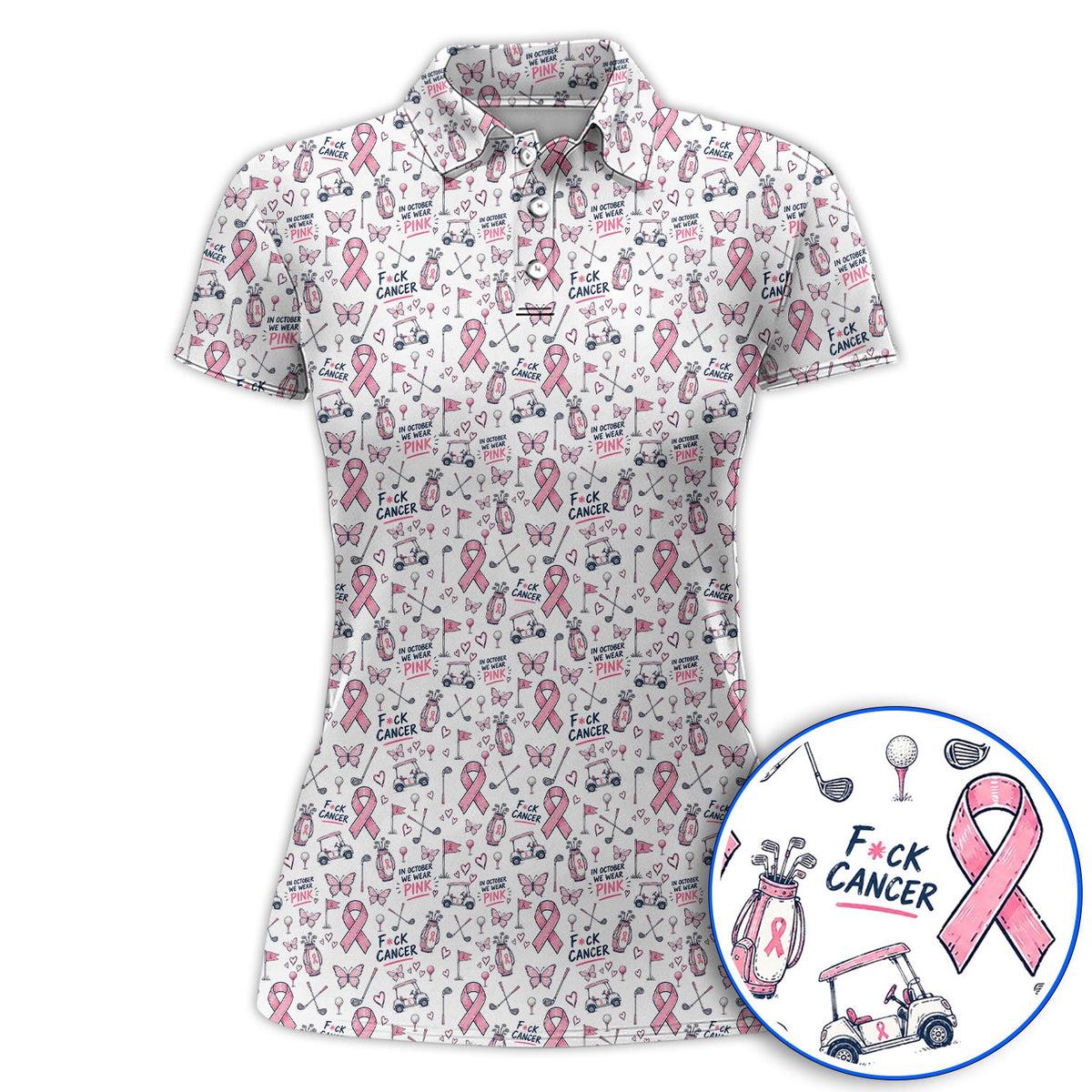 Fight Cancer Golf Shirt, Pink Ribbon Golf Cart Pattern Polos, Breast Cancer Awareness Gift for Golfers