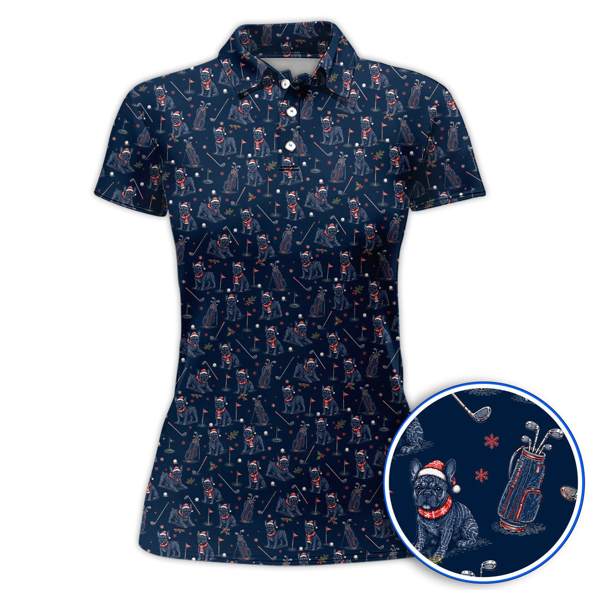 French Bulldog Christmas Golf Polos, Vintage Holiday Dog Pattern Golf Shirt, Xmas Golf Gift for Golfers
