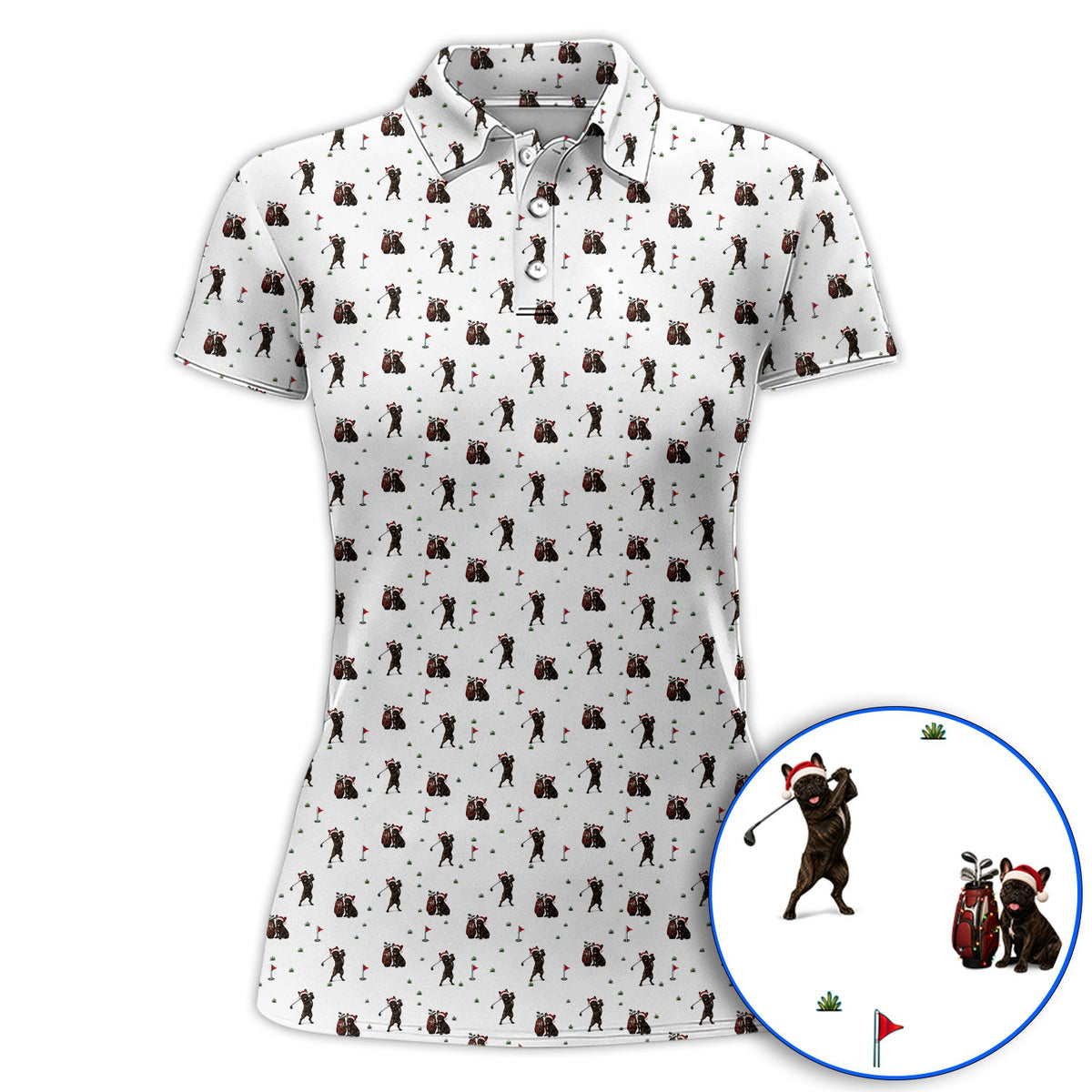 Christmas French BullDog Golfer Polos, Xmas French BullDog Golf Pattern Shirt, Holiday Golf Gift for Golfers