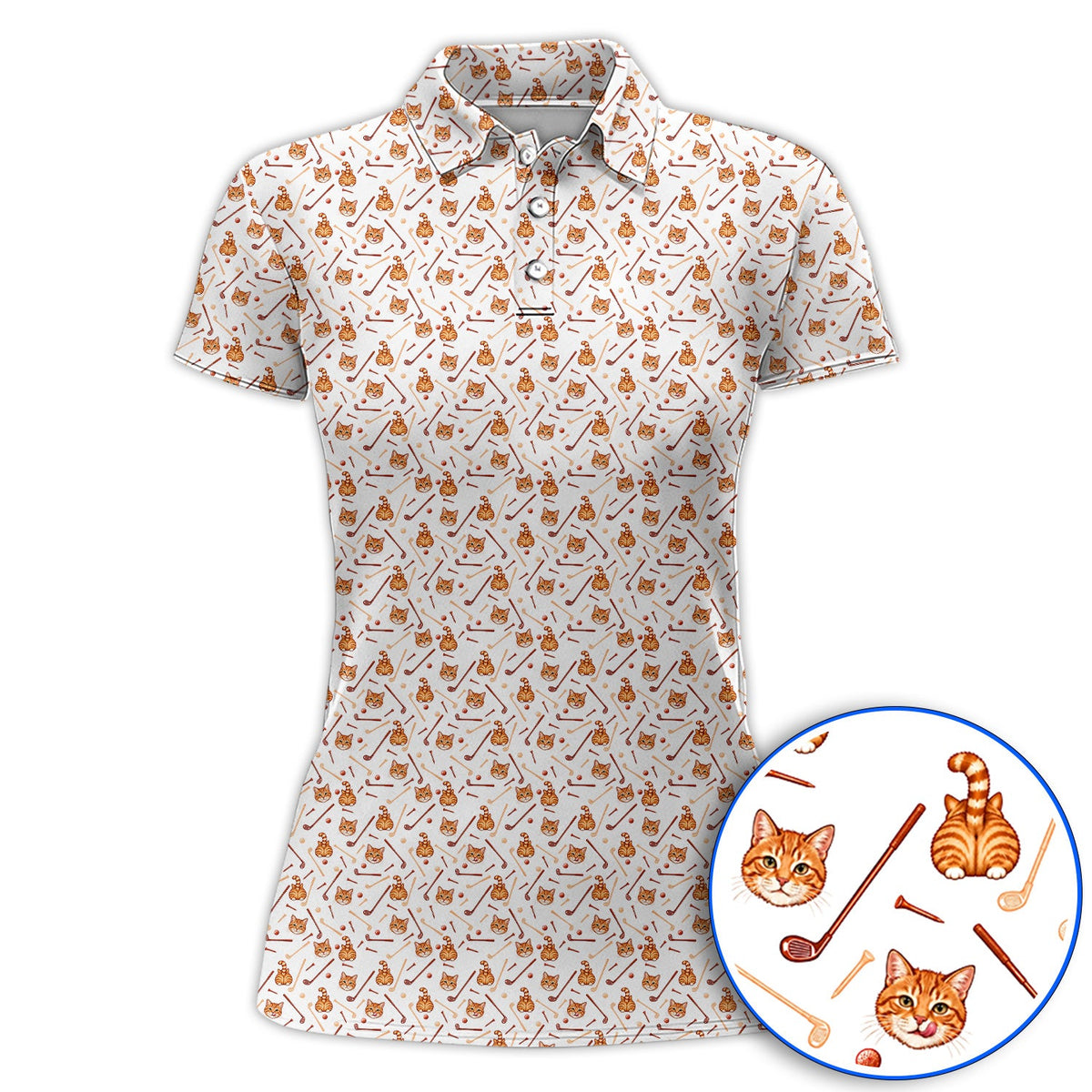 Orange Tabby Cat Golf Shirt, Funny Cat Butt & Golf Pattern Polos, Unique Golf Apparel Gift for Cat Lovers