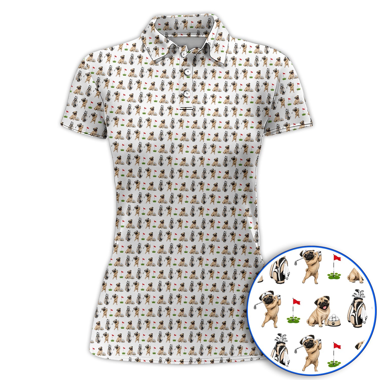 Funny Pug Golf Shirt, Pug Pattern Golf Polos, Dog Lover Golf Gift