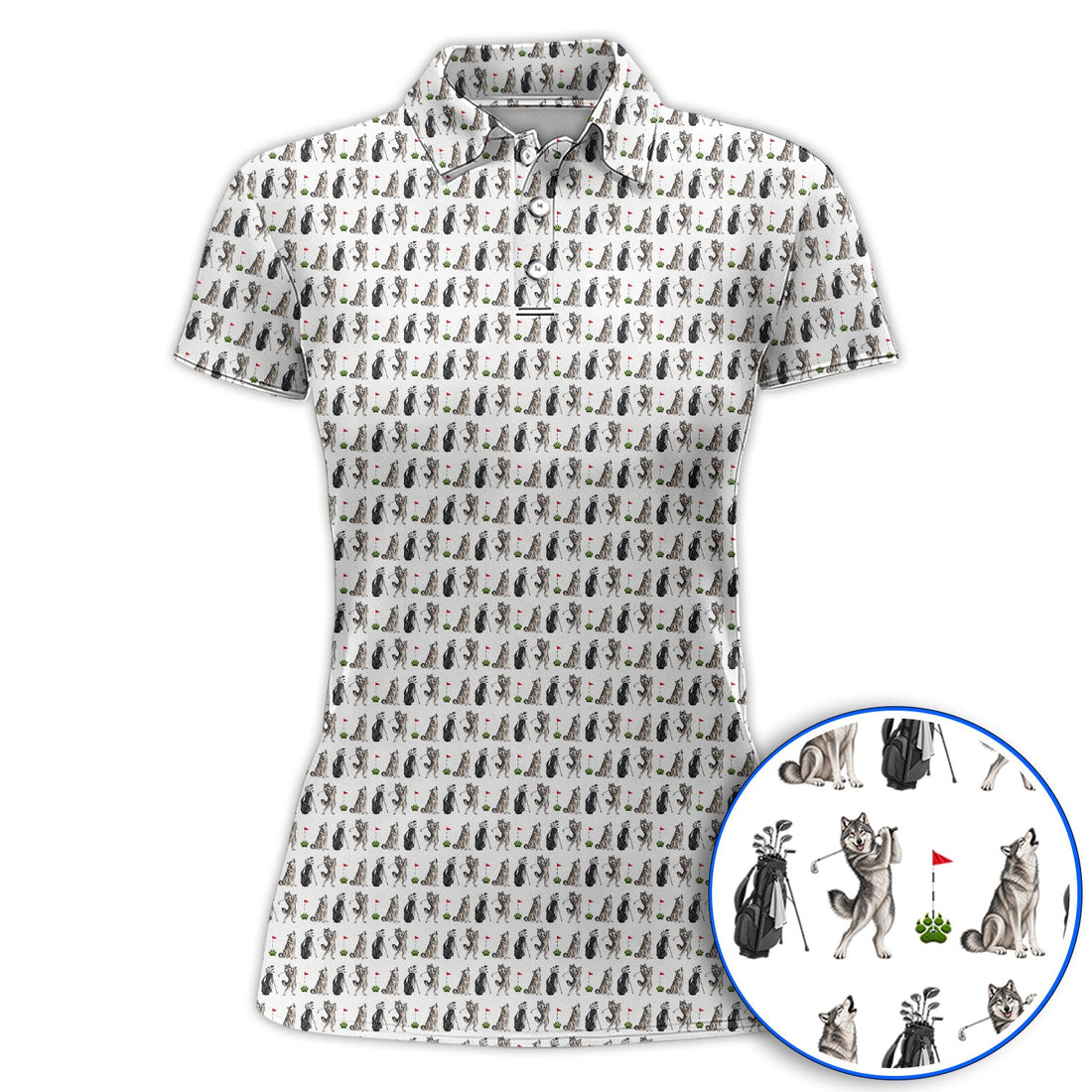 Wolf Golf Polos, Funny Wolf Golf Pattern Shirt, Wildlife Lover Golf Gift for Golfer