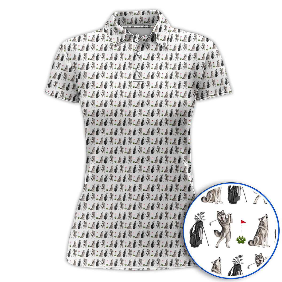 Wolf Golf Polos, Funny Wolf Golf Pattern Shirt, Wildlife Lover Golf Gift for Golfer