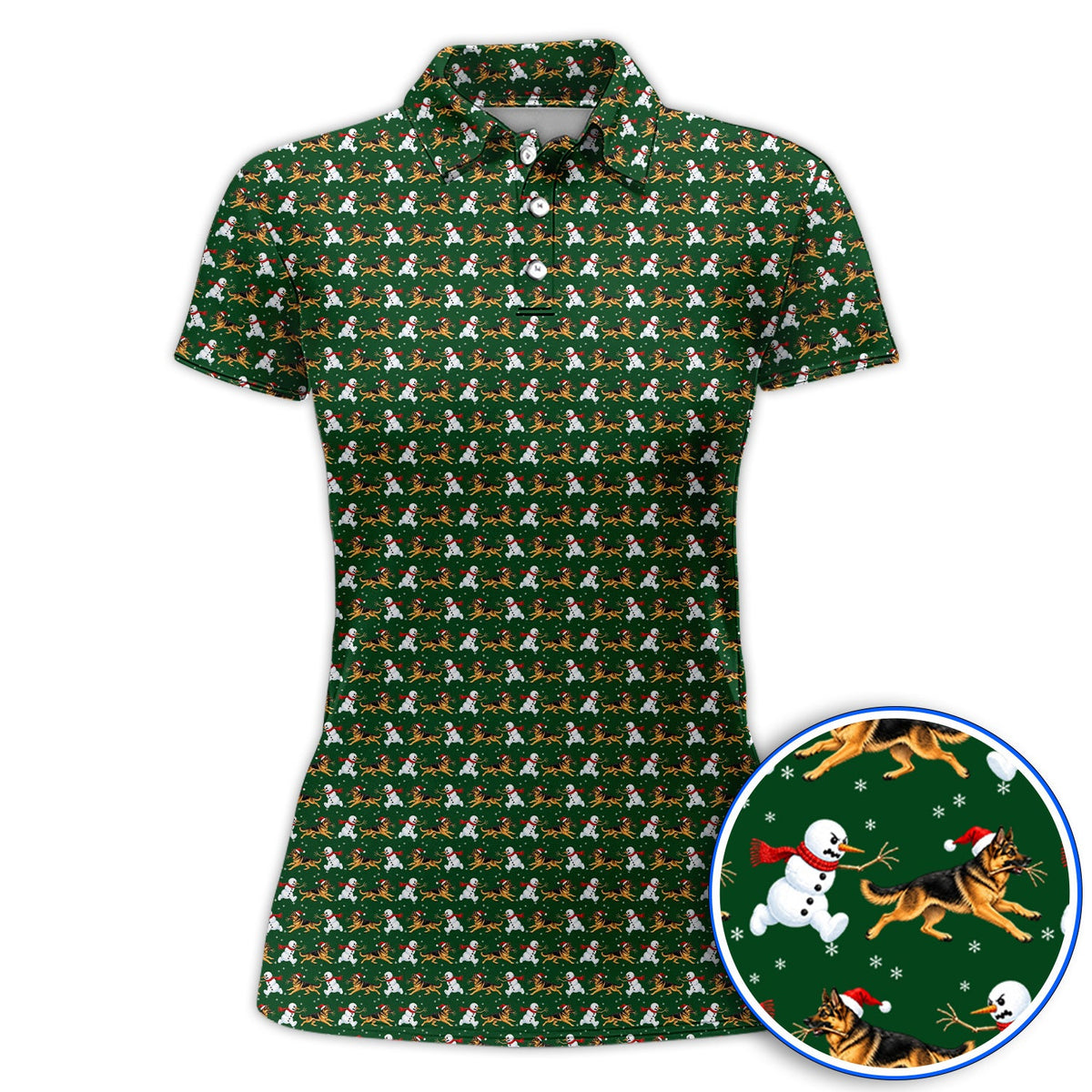 German Shepherd Christmas Golf Polos, Funny Snowman & Santa Dog Pattern Golf Shirt, Xmas Golf Gift For Golfers