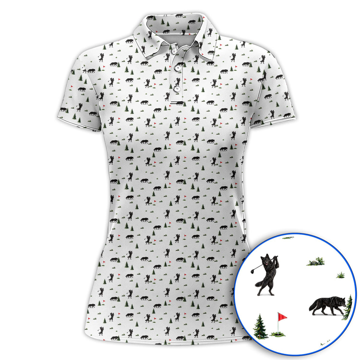 Black Wolf Pattern Golf Polos, Crazy Wolf Golf Shirt, Wilderness Golf Gift for Golfers
