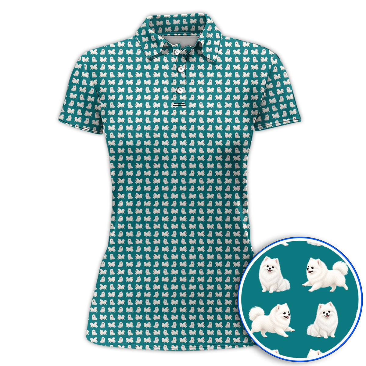 White Pomeranian Pattern Golf Polos, Cute Pomeranian Dog Golf Shirt, Crazy Golf Gift For Golfer