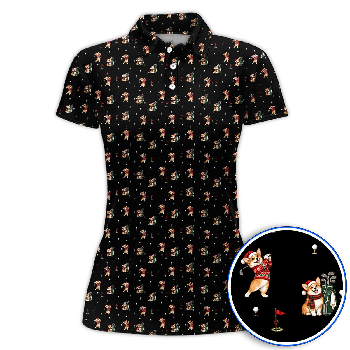 Crazy Corgi Christmas Golf Polos, Xmas Corgi Pattern Golf Shirt, Golf Gift For Golfers