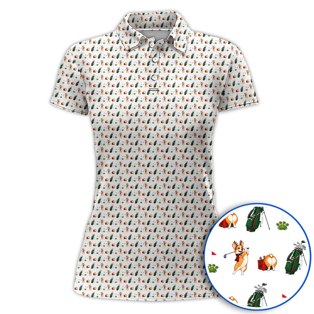 Funny Corgi Christmas Golf Polos, Xmas Corgi Pattern Golf Shirt, Golf Gift For Golfers
