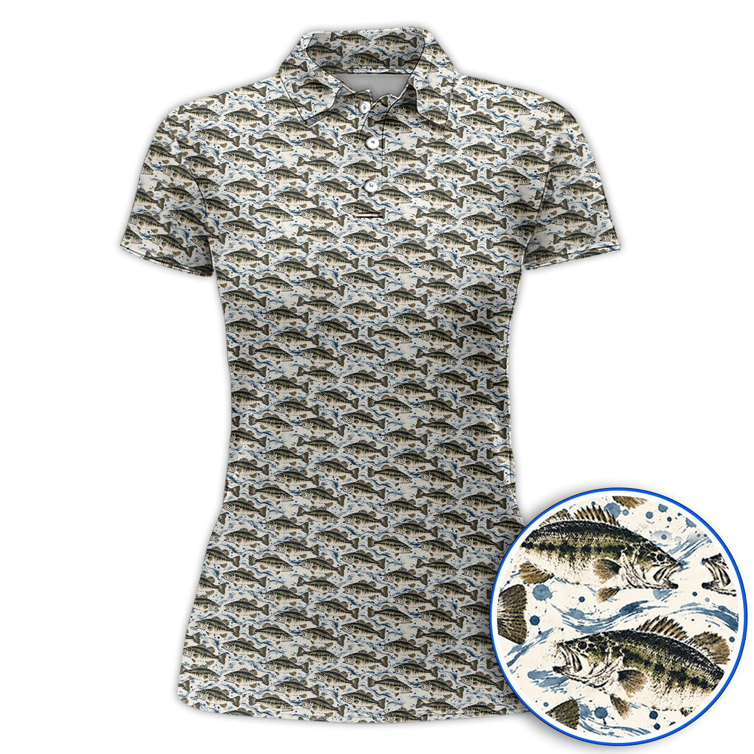 Gyotaku Bass Fishing Golf Shirt, Vintage Japanese Fish Pattern Golf Polos, Golf Gift For Fishing Lovers