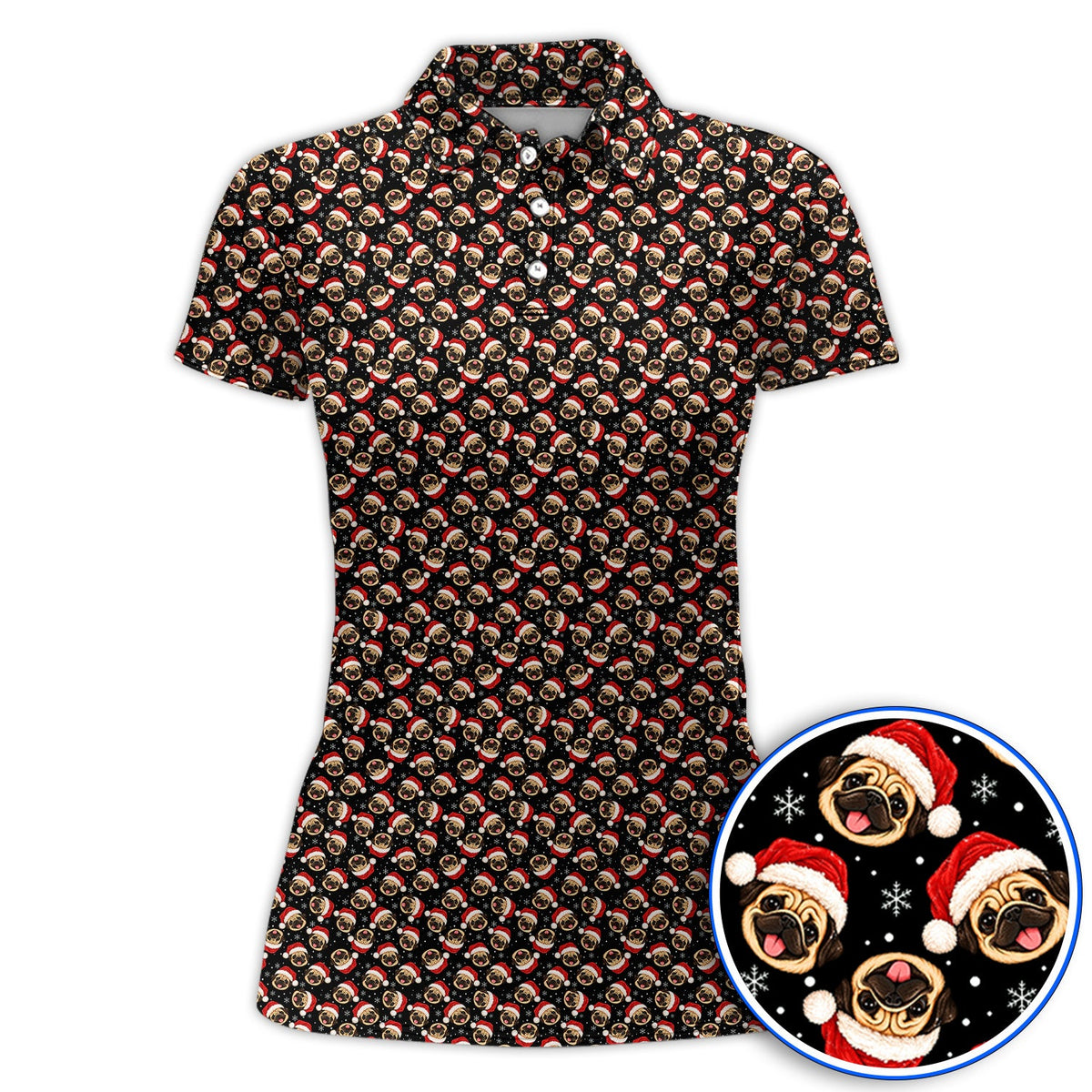Funny Christmas Pug Golf Polos, Pug Pattern Golf Shirt For Dog Lovers, Xmas Golf Gift For Golfers