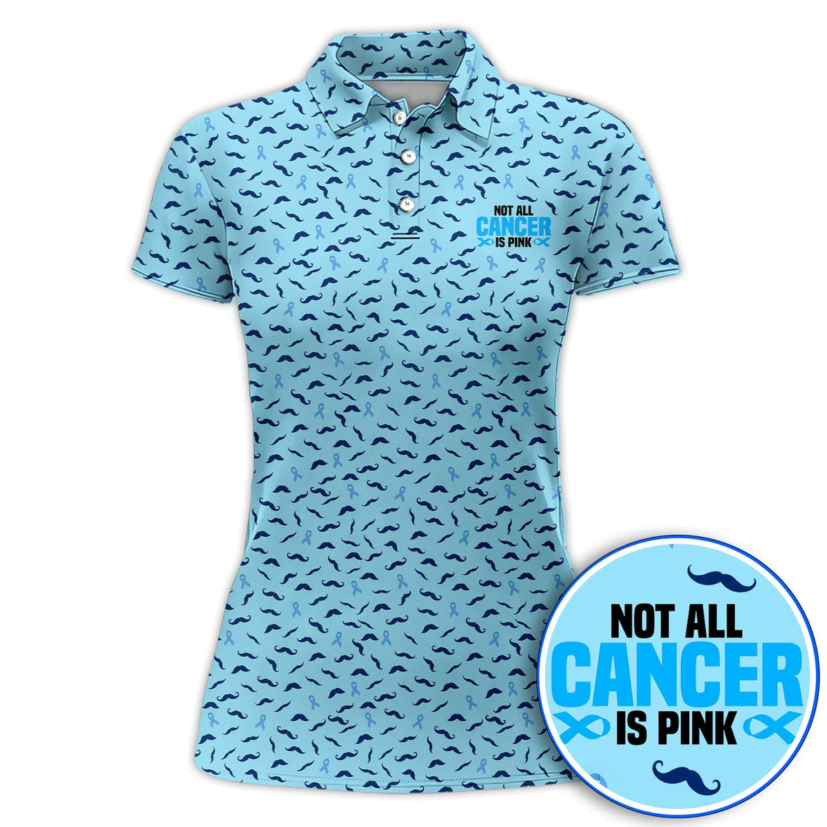 Prostate Cancer Awareness Golf Shirt, Blue Ribbon Mustache Pattern Golf Polos, Support Gift for Golfers