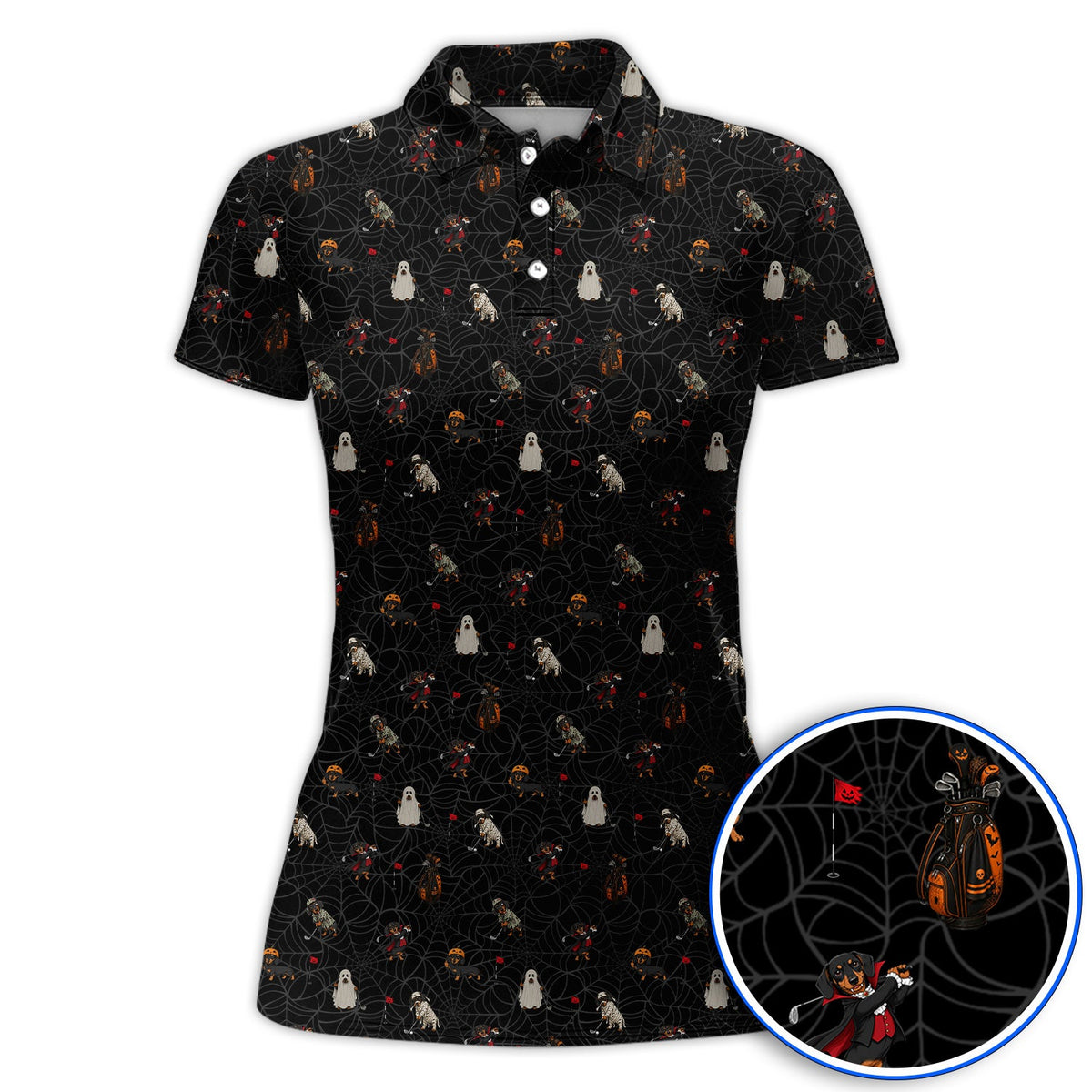 Spooky Dachshund Pattern Golf Polos, Halloween Vampire Wiener Dog Shirt, Crazy Golf Gift For Golfer