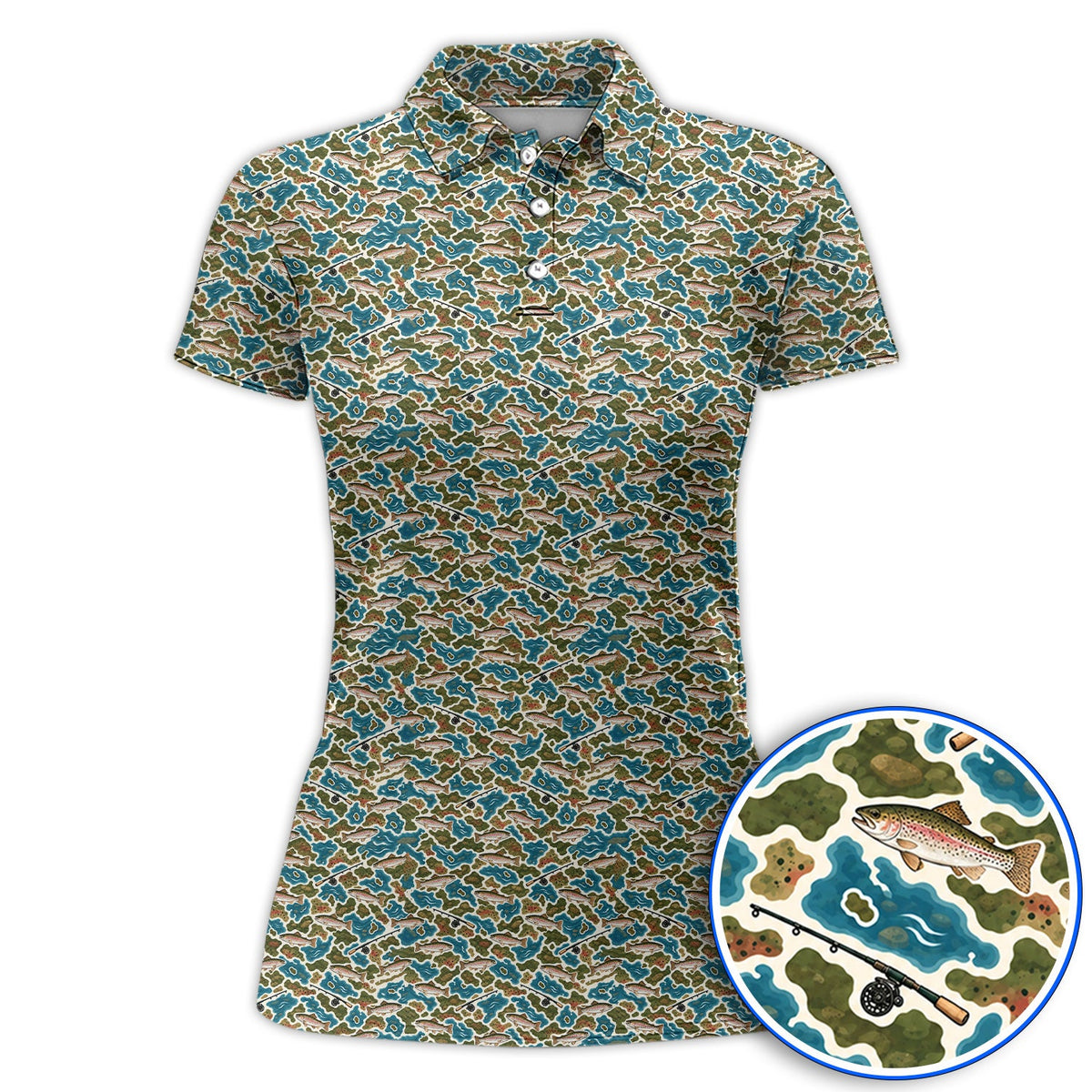 Rainbow Trout Fly Fishing Golf Shirt, Crazy Camo Fish Pattern Golf Polos, Outdoor Golf Apparel Gift for Trout Fishing Lovers