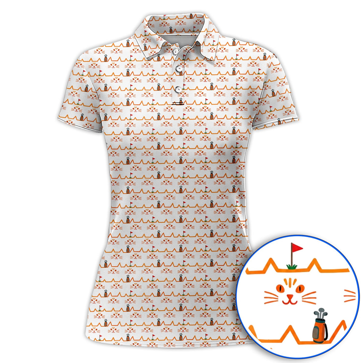 Cat Lover Golf Shirt, Turquoise Cat Face & Golf Bag Pattern Golf Polos, Funny Kitty Golf Gift for Golfers