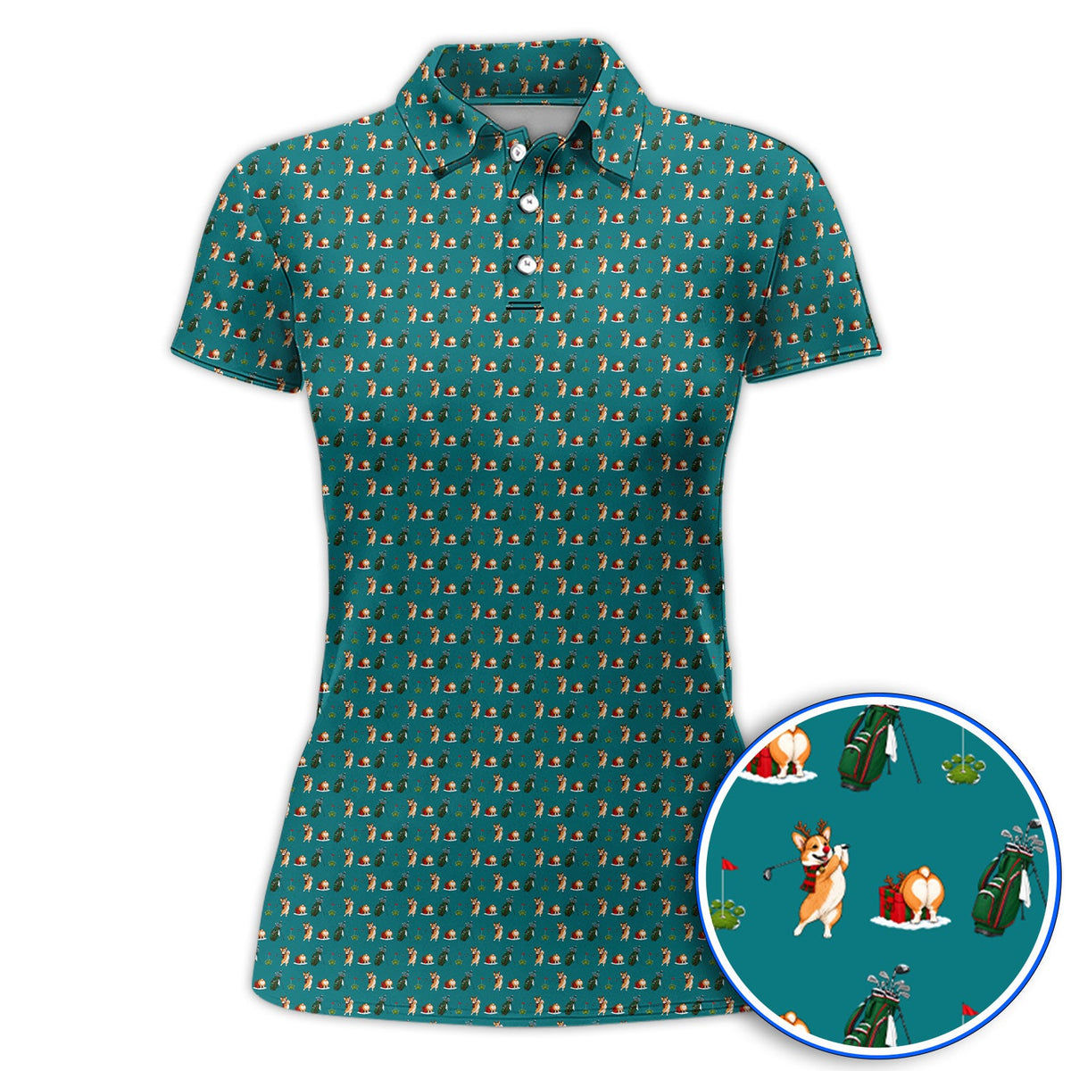 Funny Corgi Christmas Golf Polos, Xmas Corgi Pattern Golf Shirt, Golf Gift For Golfers