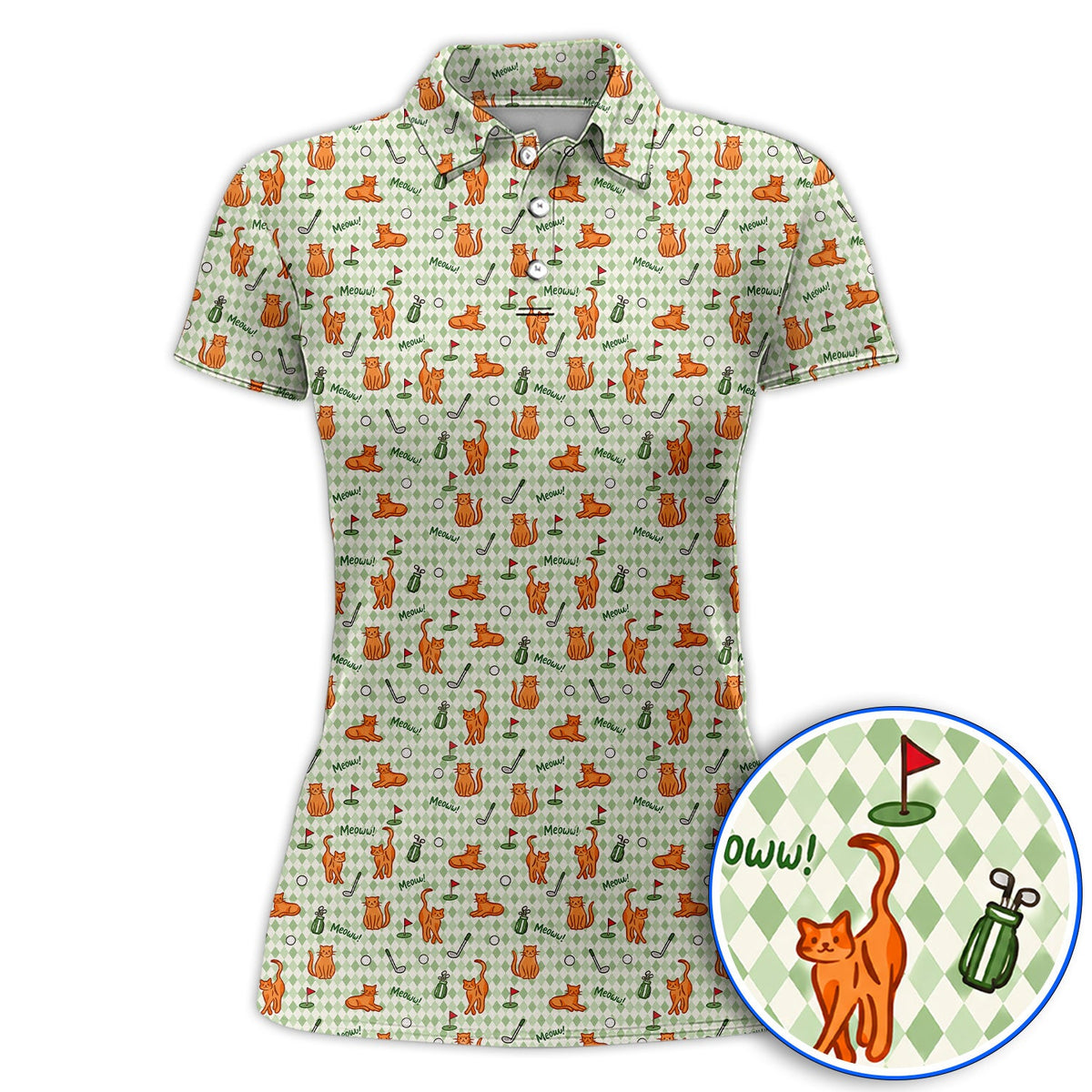Cute Orange Cat Golf Shirt, Meow Cat And Golf Pattern Polos, Funny Cat Golf Gift For Golfer