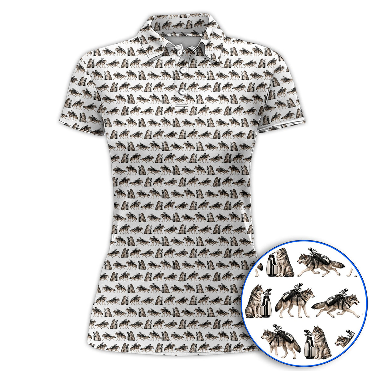Wolf Golf Pattern Polos, Wild Wolf Golfing Shirt, Unique Wolf Golf Gift for Golfers