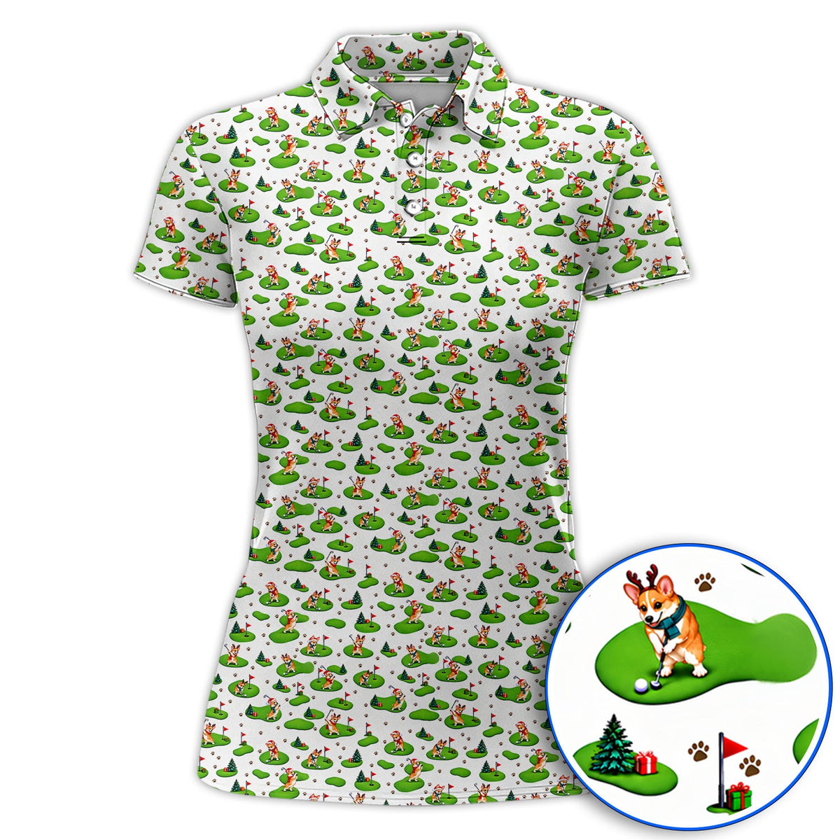 Corgi Christmas Golf Polos, Xmas Corgi Pattern Golf Shirt, Crazy Golf Gift For Golfers