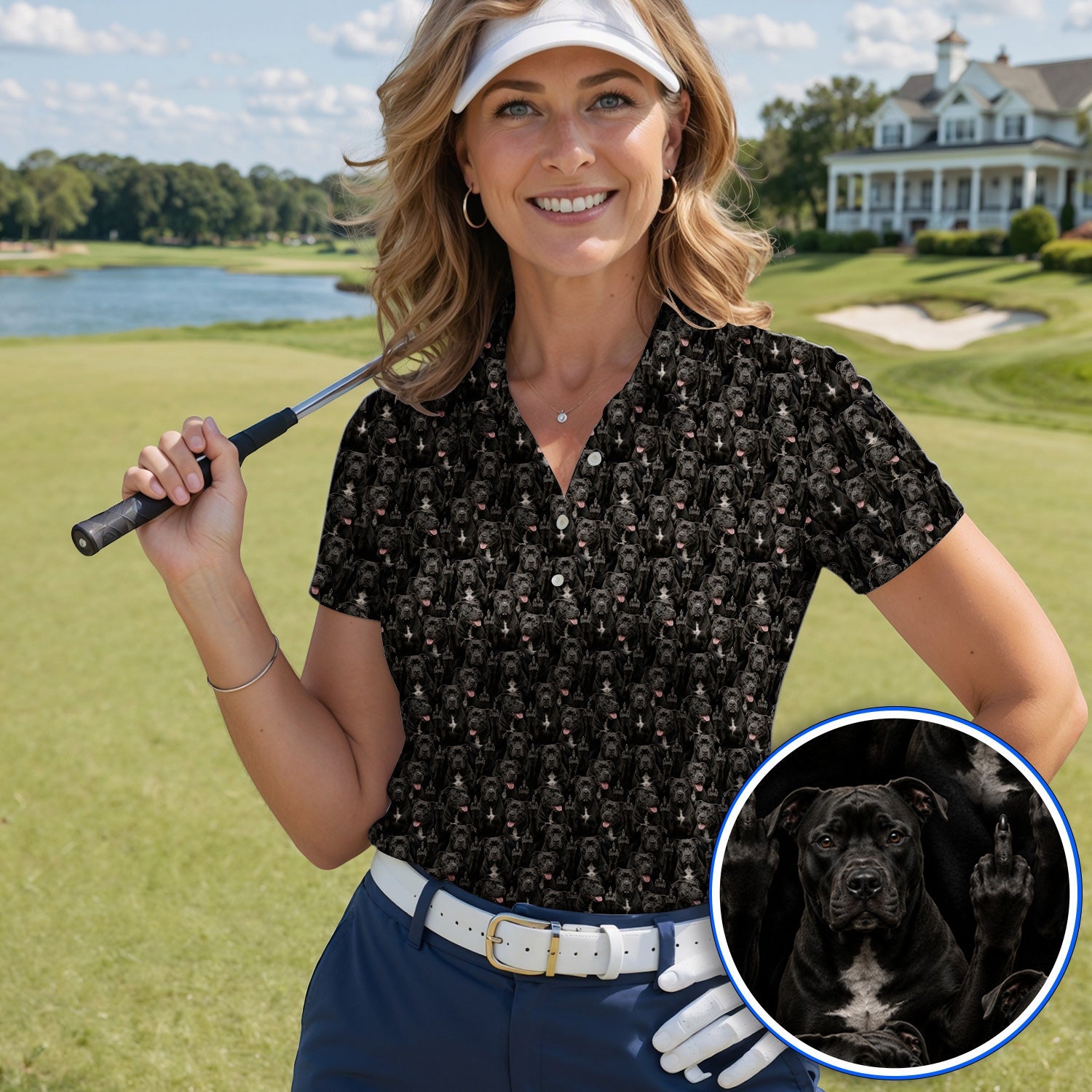 Pit Bull Middle Finger Golf Polos, Funny Pit Bull Pattern Golf Shirt for Dog Lovers, Golf Gift For Golfer