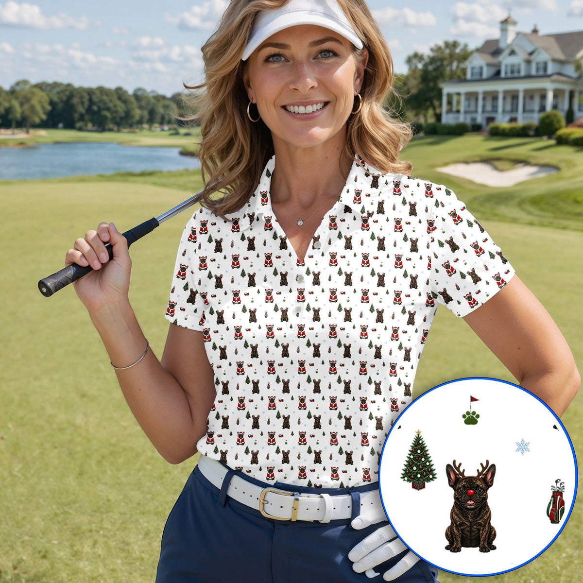 Reindeer French Bulldog Christmas Golf Polos, Festive Dog Holiday Pattern Golf Shirt, Xmas Golf Gift for Golfers