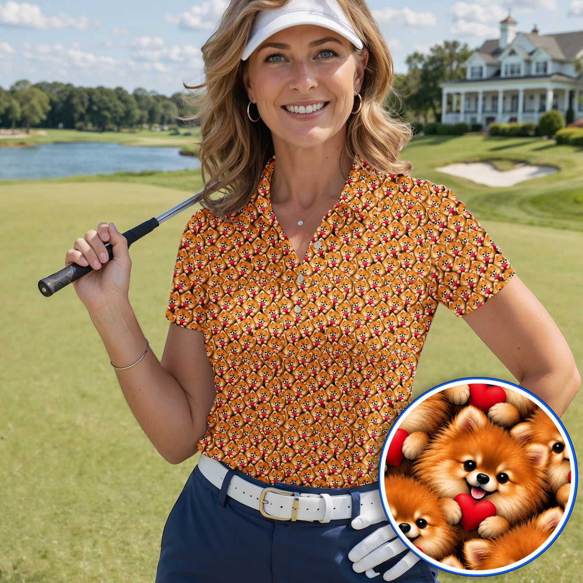 Cute Pomeranian Hearts Pattern Golf Polos, Funny Golf Shirt For Dog Lovers, Golf Gift For Golfers