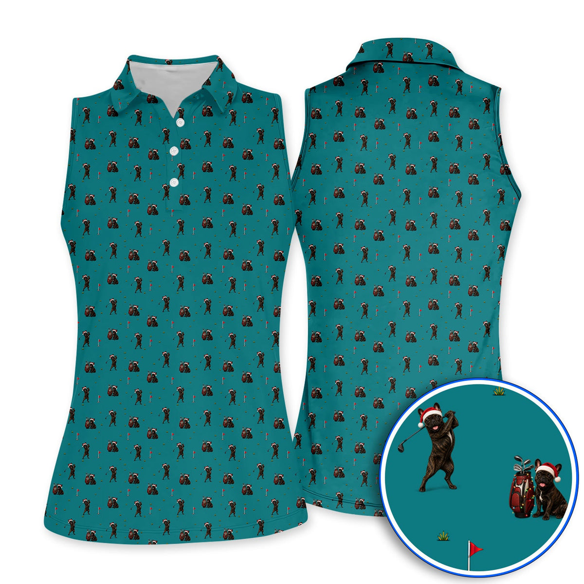 Christmas French BullDog Golfer Polos, Xmas French BullDog Golf Pattern Shirt, Holiday Golf Gift for Golfers