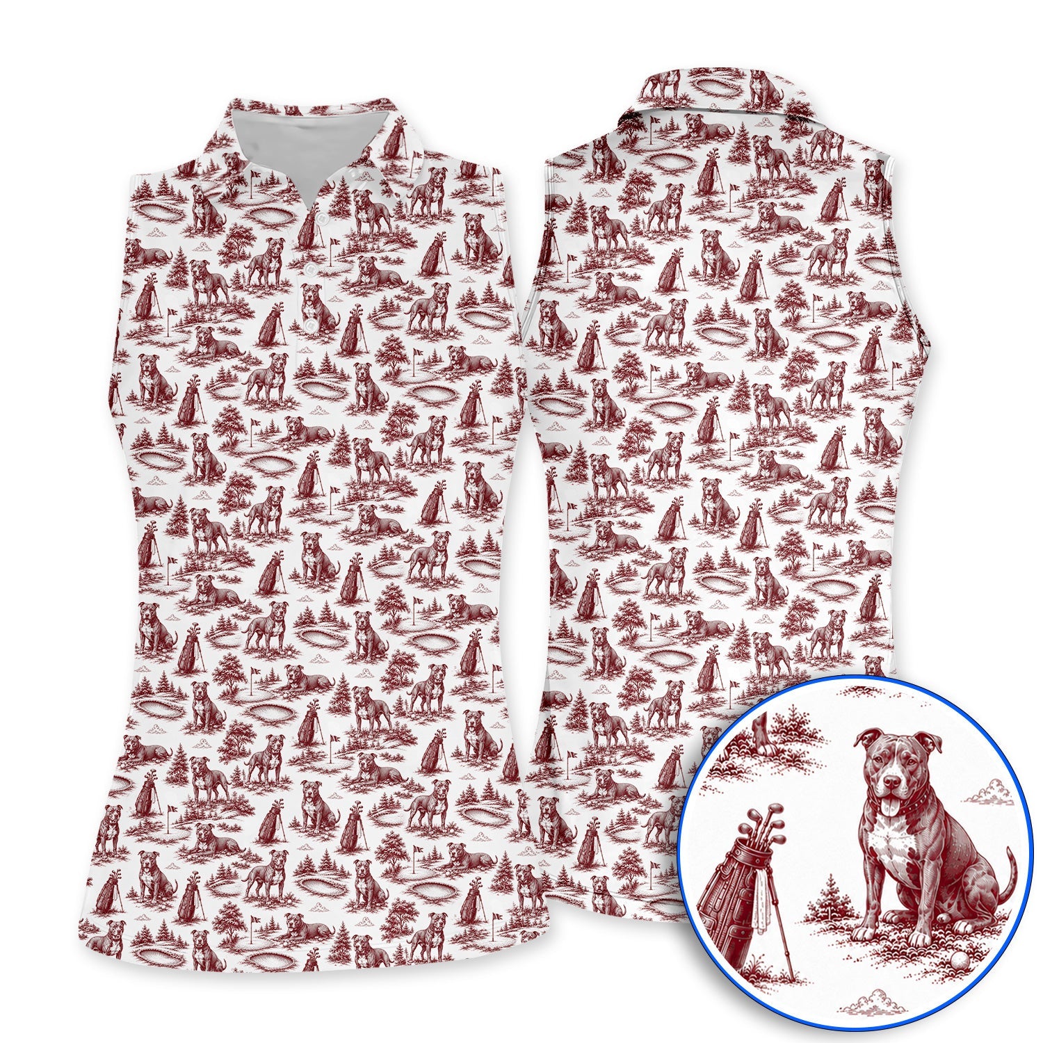 Crazy Pit Bull Golf Polos For Golfer, Toile de Jouy Pit Bull Pattern Golf Shirt, Dog Lover Golf Gift