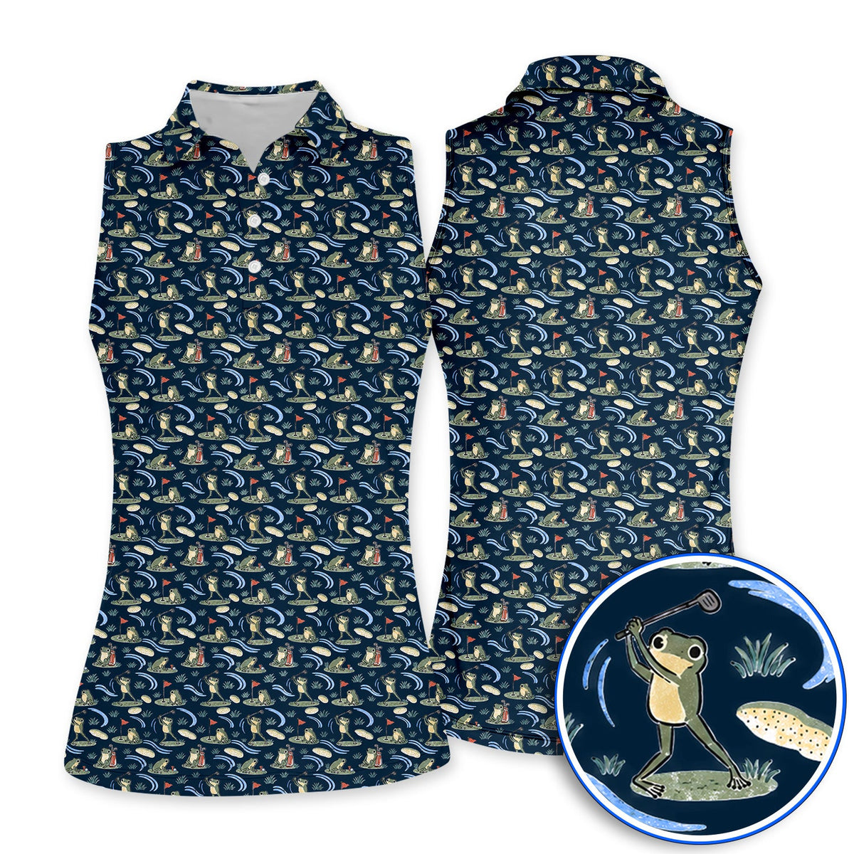 Playful Frog Golf Shirt, Vintage Frog Golf Pattern Polos, Golf Gift For Golf Lovers