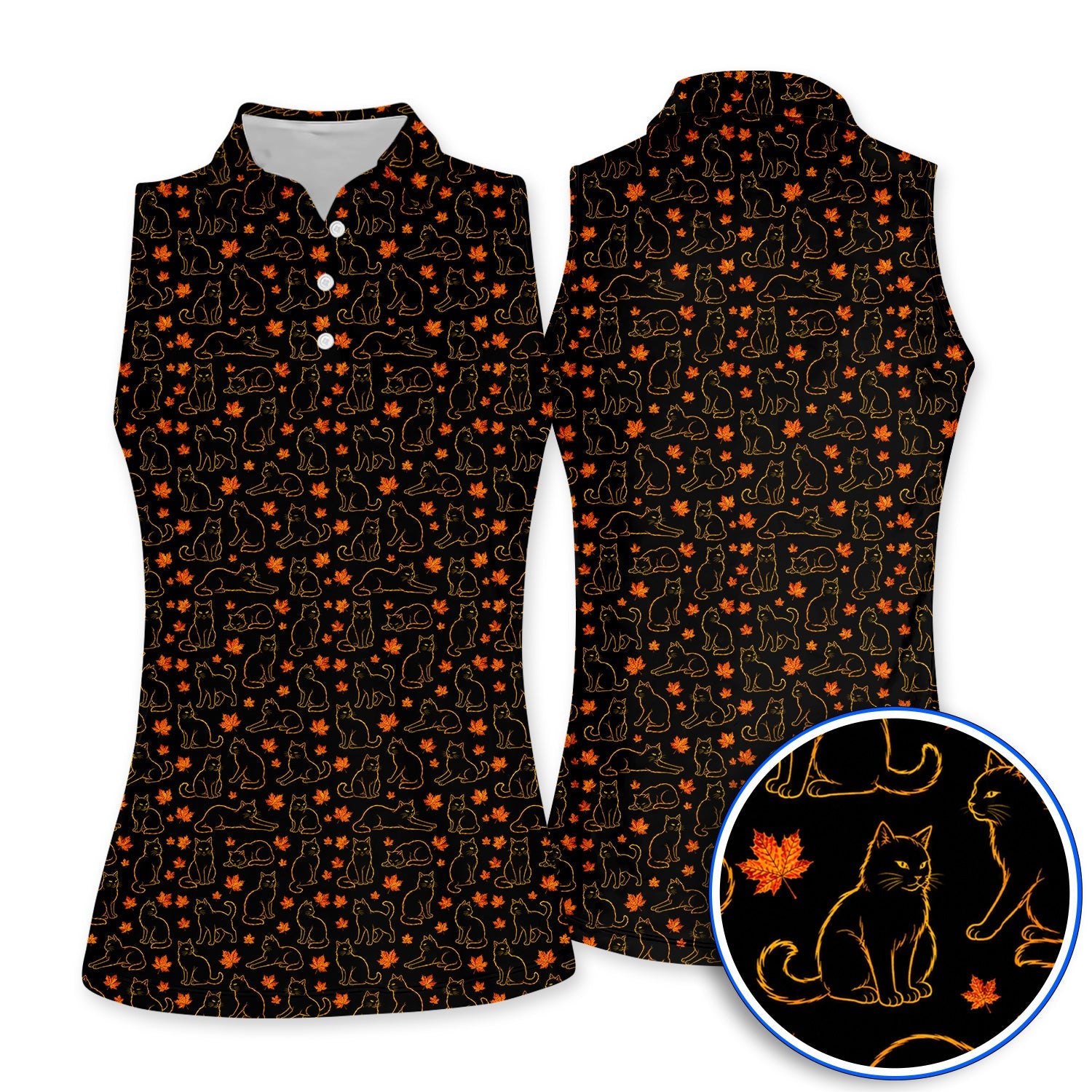 Autumn Black Longhair Cat Golf Polos, Black Longhair Cat Pattern Golf Shirt, Cat Lovers Golf Gift