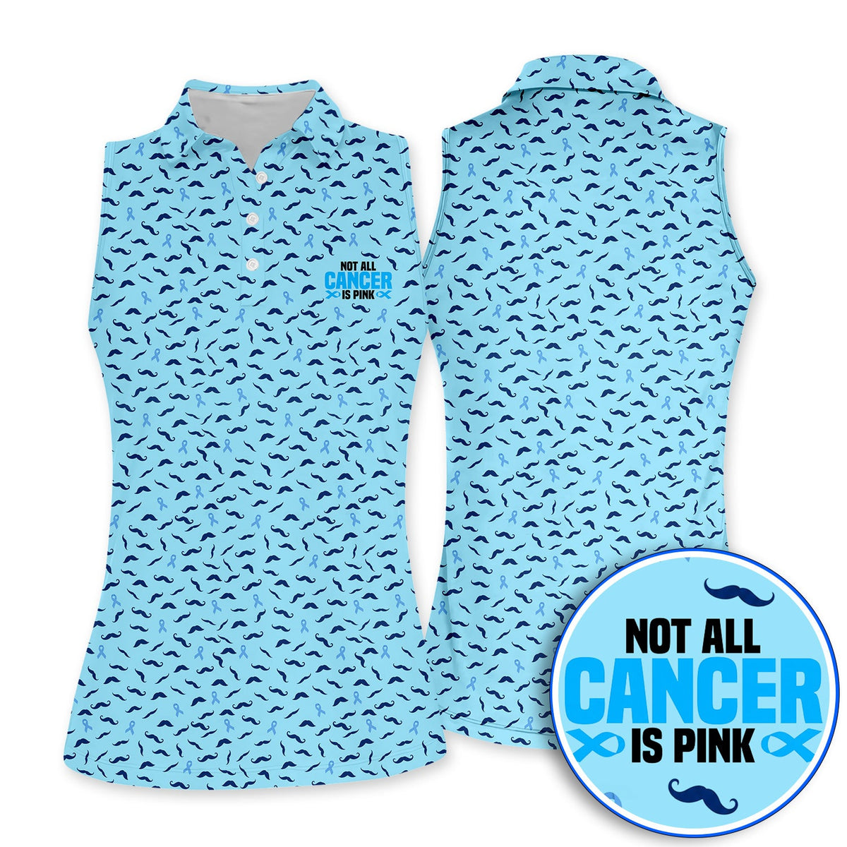 Prostate Cancer Awareness Golf Shirt, Blue Ribbon Mustache Pattern Golf Polos, Support Gift for Golfers