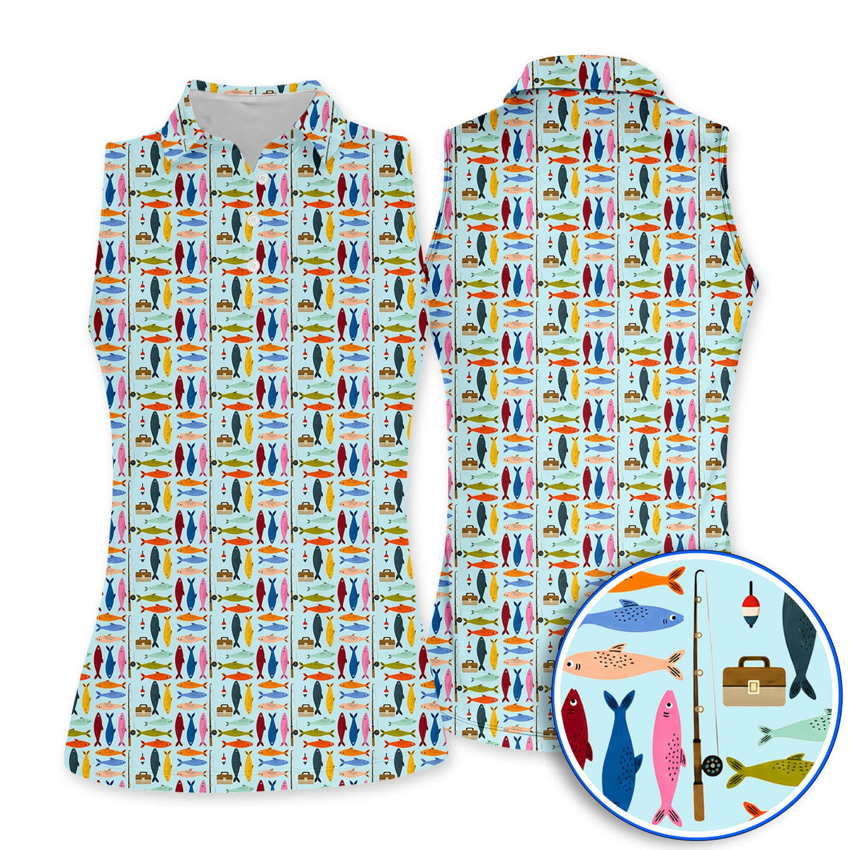 Colorful Fish Pattern Golf Polos, Fishing Rod Pattern Golf Polos, Crazy Golf Gift For Anglers and Fishermen