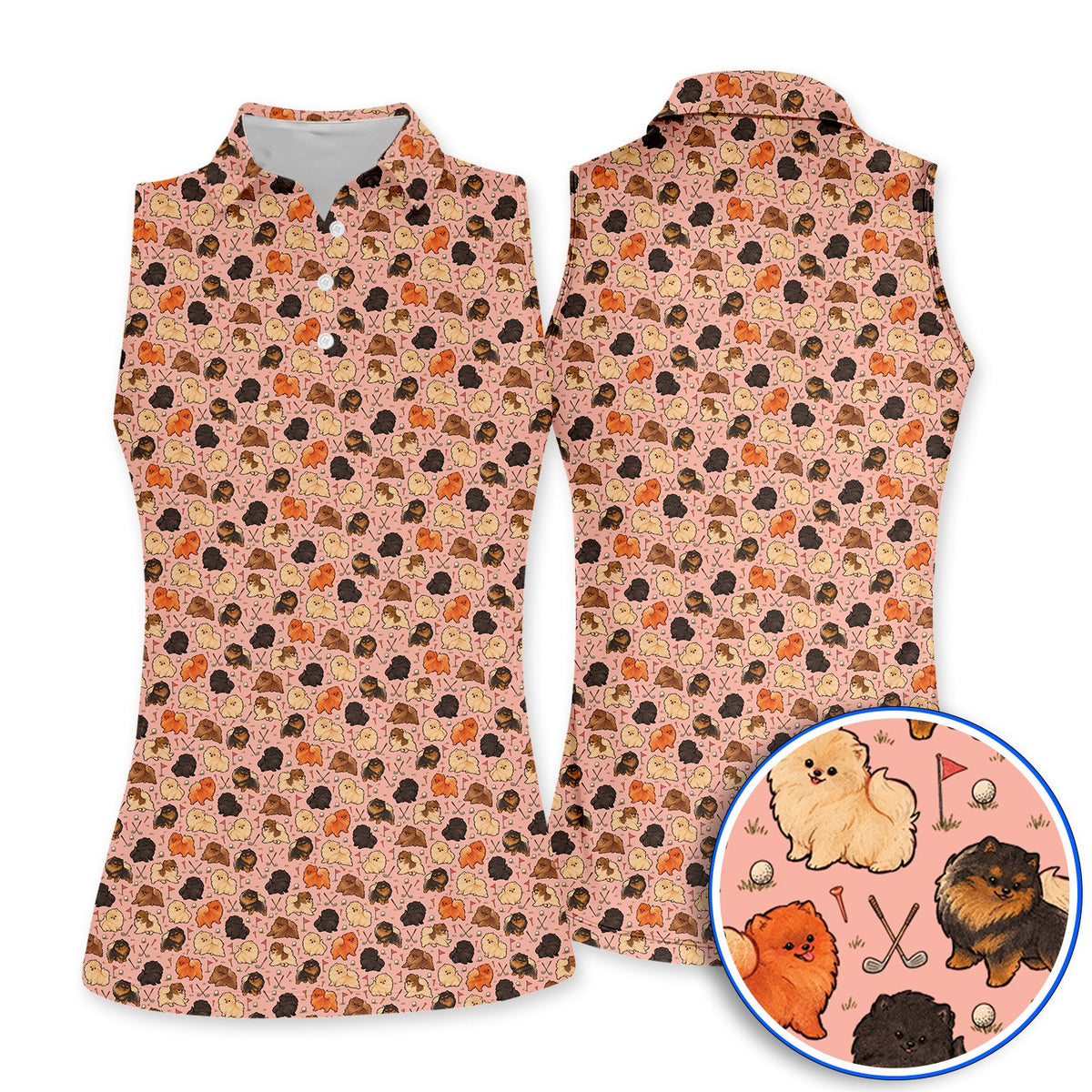 Funny Pomeranian Golf Polos, Pom Dog & Golf Pattern Shirt, Golf Gift For Golfer