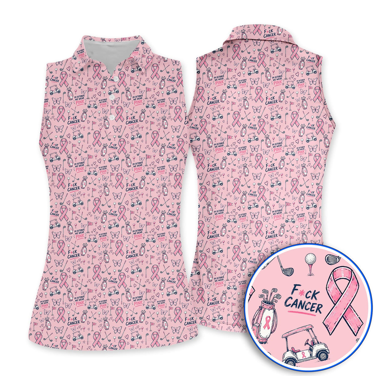 Fight Cancer Golf Shirt, Pink Ribbon Golf Cart Pattern Polos, Breast Cancer Awareness Gift for Golfers