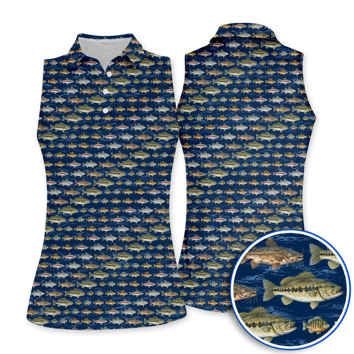 Freshwater Fishing Pattern Golf Shirt, Bass Trout Catfish & Perch Golf Polos, Fishing Gift For Golfer