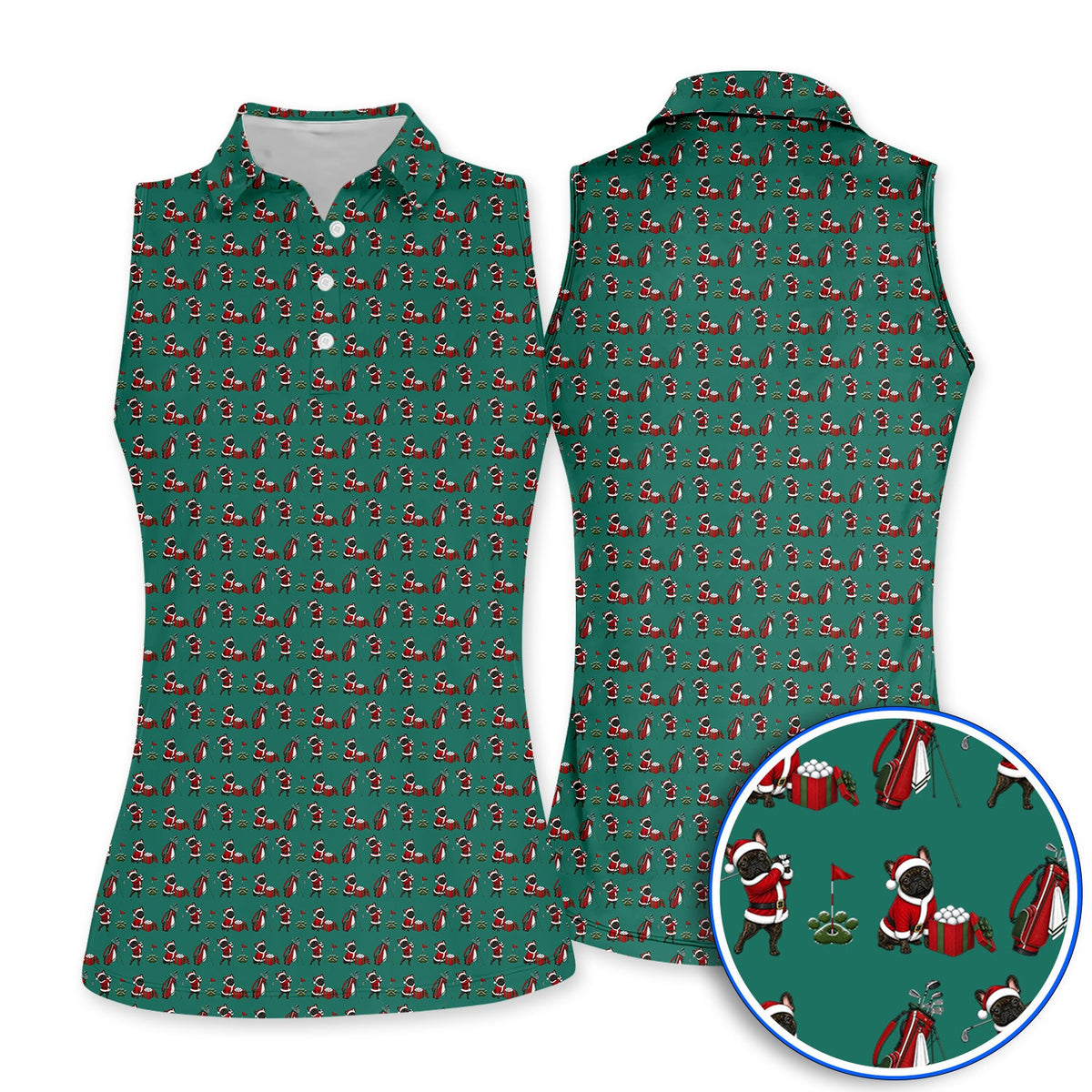 Christmas French BullDog Pattern Golf Polos, Funny Santa French BullDog Holiday Golf Shirt, Xmas Golf Gift For Golfers