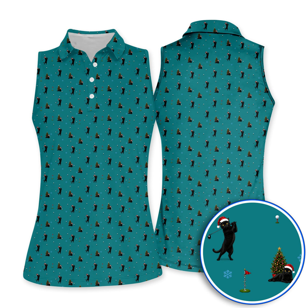 Black Cat Christmas Golf Shirt, Funny Cat Pattern Golf Polos, Xmas Golf Gift for Golfers