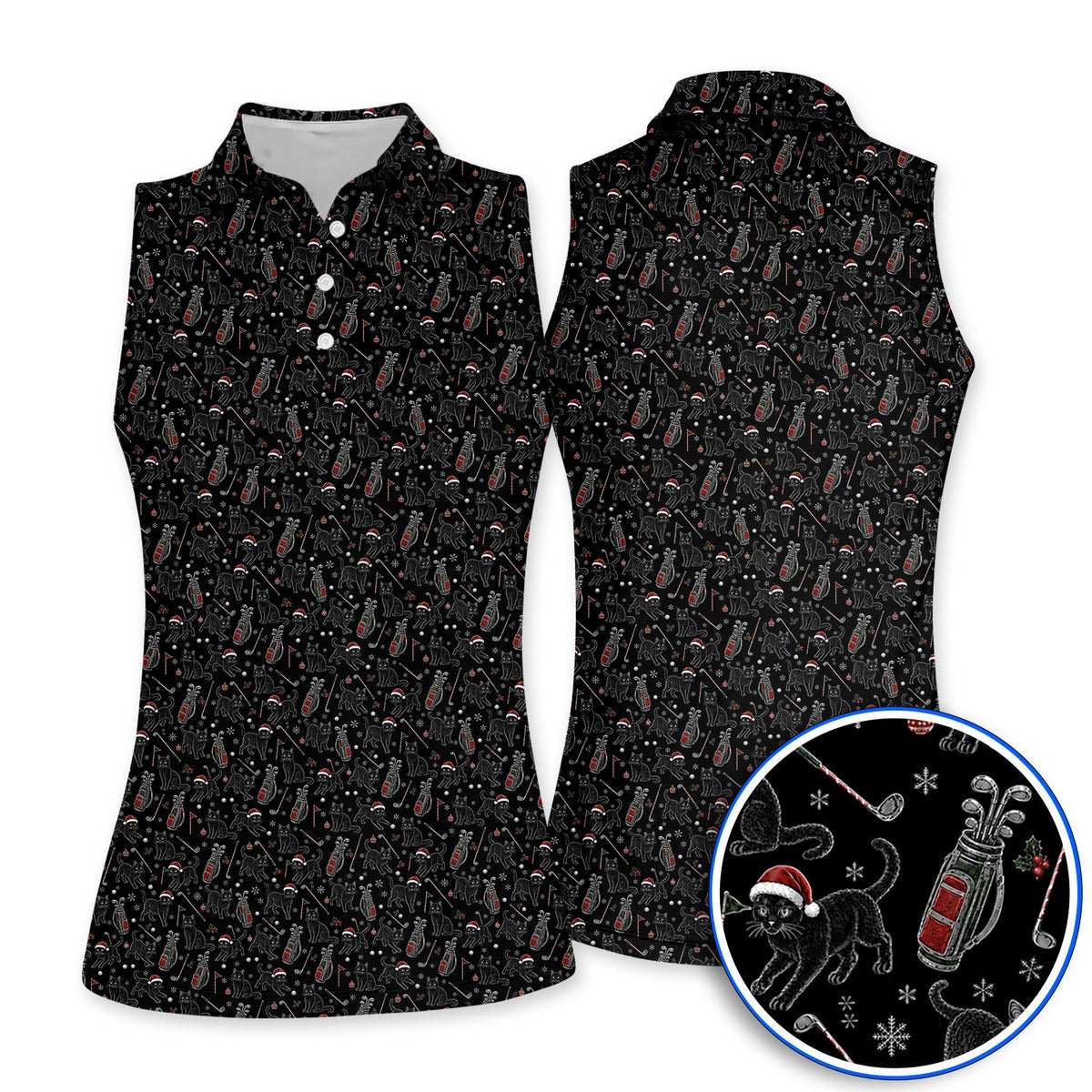 Funny Black Cat Christmas Golf Polos, Holiday Pattern Golf Shirt, Xmas Golf Gift For Golfers